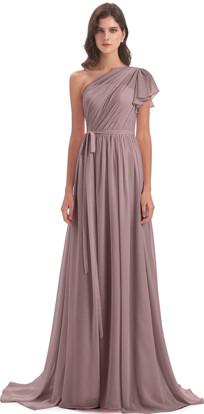 A-line Sweep-Brush Train One Shoulder Chiffon Long Bridesmaid Dresses
