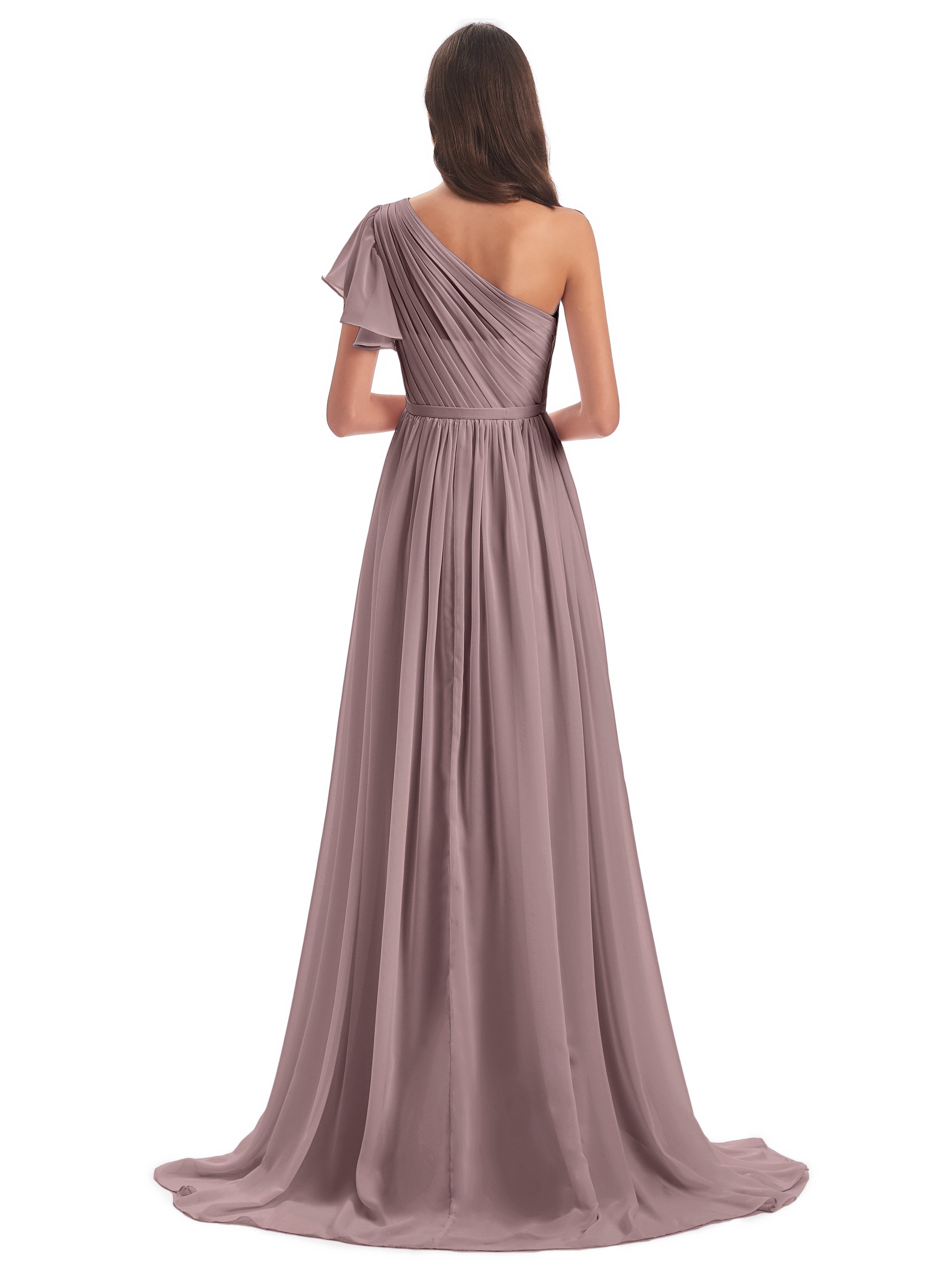A-line Sweep-Brush Train One Shoulder Chiffon Long Bridesmaid Dresses