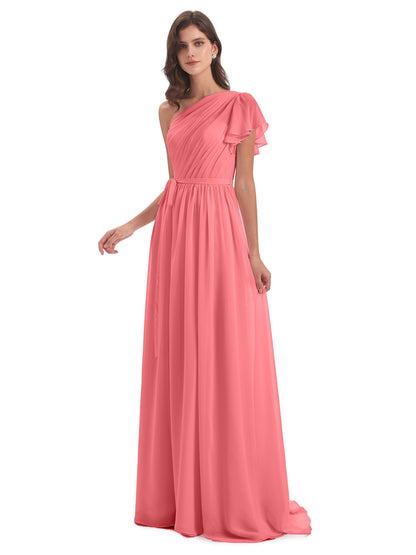A-line Sweep-Brush Train One Shoulder Chiffon Long Bridesmaid Dresses