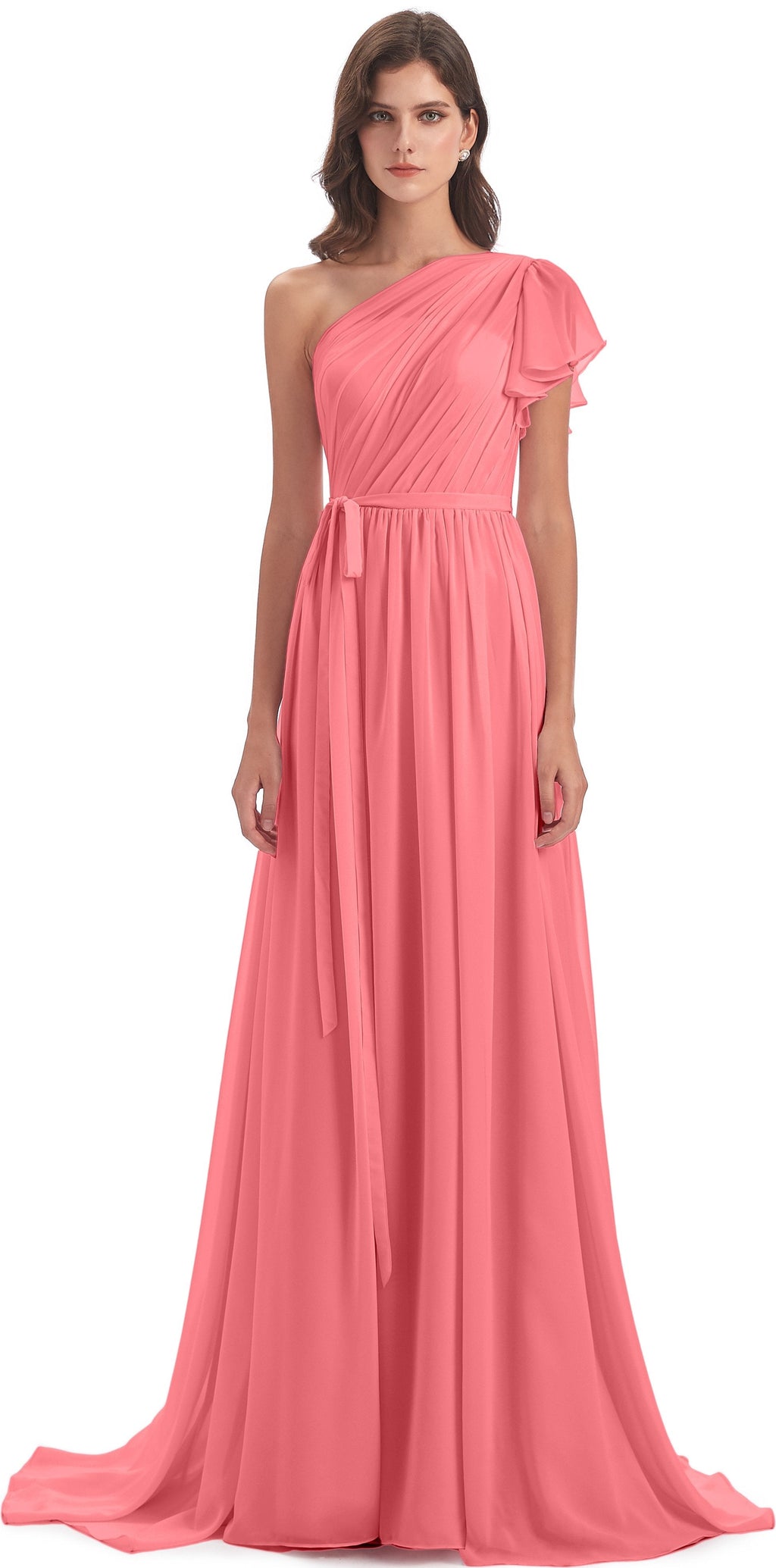 A-line Sweep-Brush Train One Shoulder Chiffon Long Bridesmaid Dresses