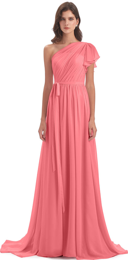 A-line Sweep-Brush Train One Shoulder Chiffon Long Bridesmaid Dresses
