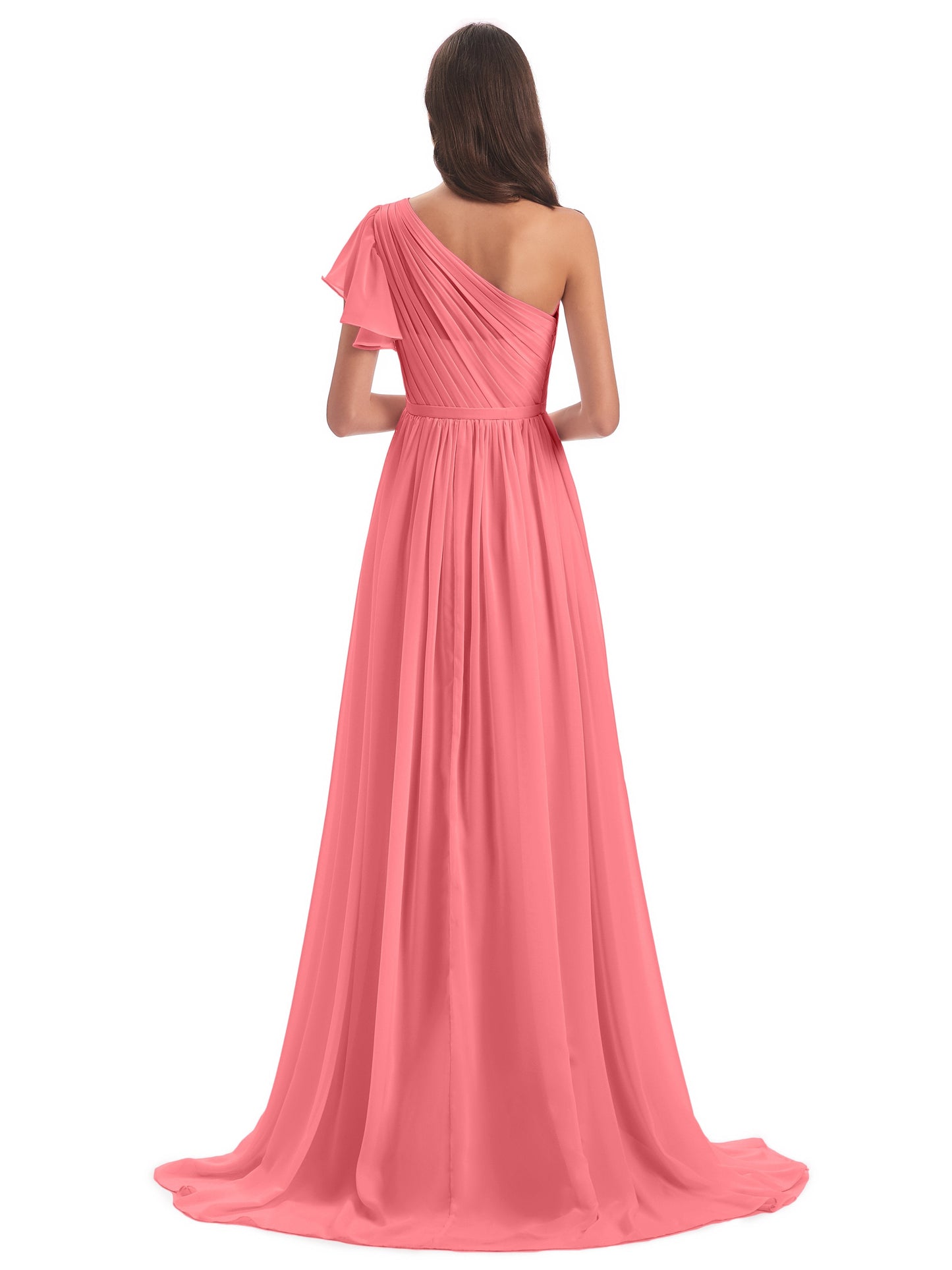 A-line Sweep-Brush Train One Shoulder Chiffon Long Bridesmaid Dresses