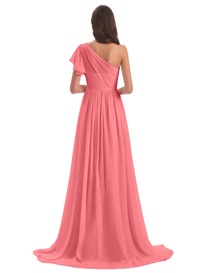 A-line Sweep-Brush Train One Shoulder Chiffon Long Bridesmaid Dresses
