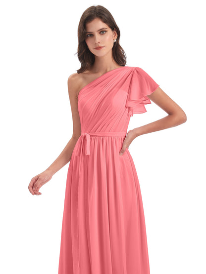 A-line Sweep-Brush Train One Shoulder Chiffon Long Bridesmaid Dresses