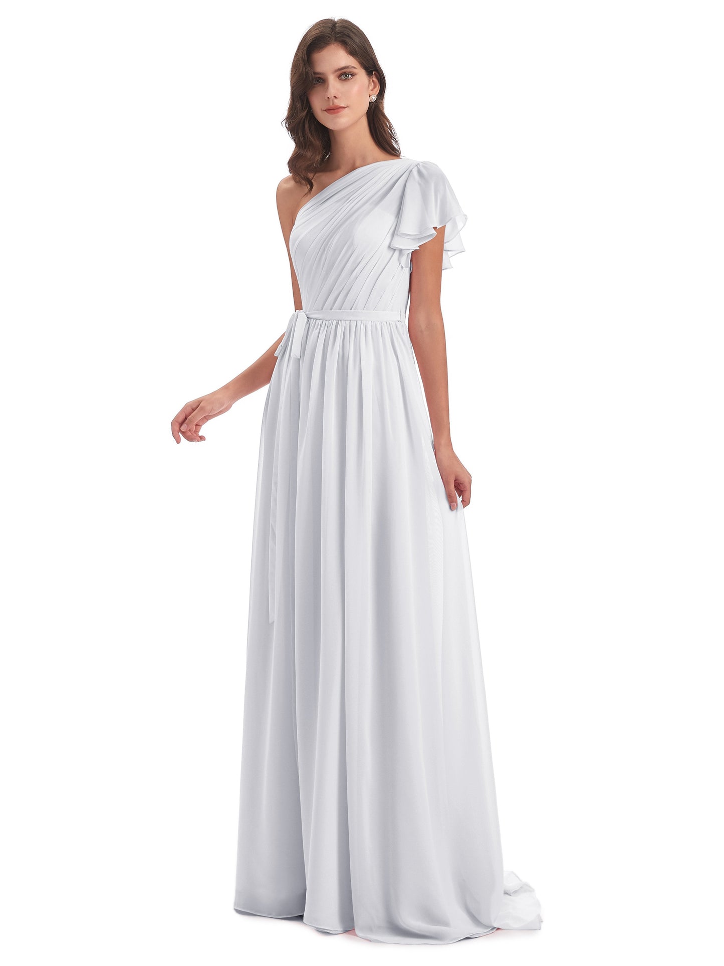 A-line Sweep-Brush Train One Shoulder Chiffon Long Bridesmaid Dresses