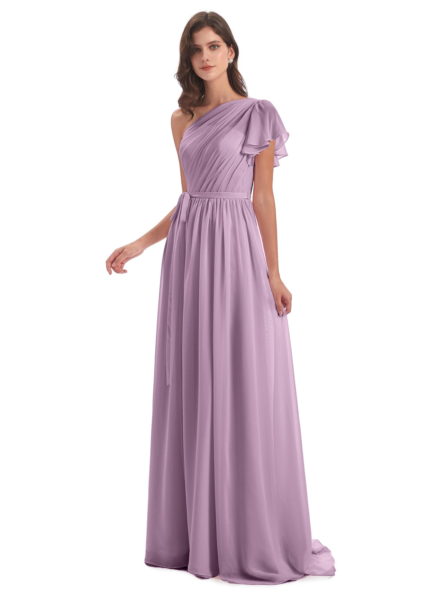 A-line Sweep-Brush Train One Shoulder Chiffon Long Bridesmaid Dresses