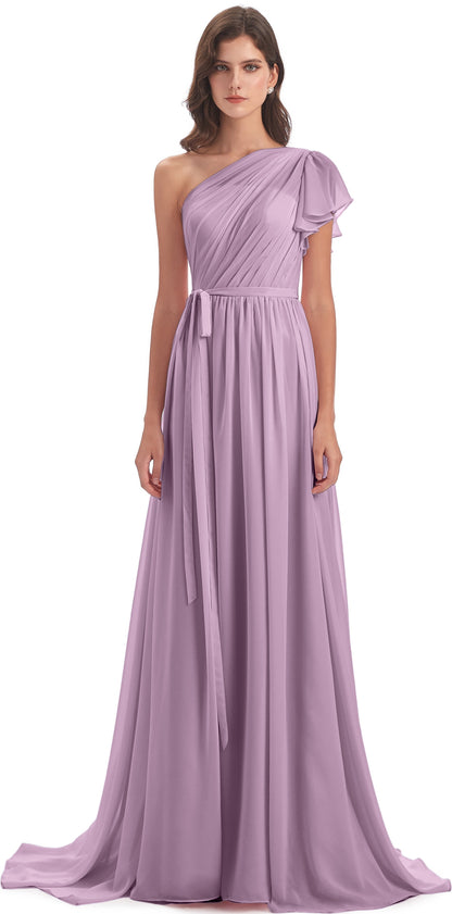 A-line Sweep-Brush Train One Shoulder Chiffon Long Bridesmaid Dresses