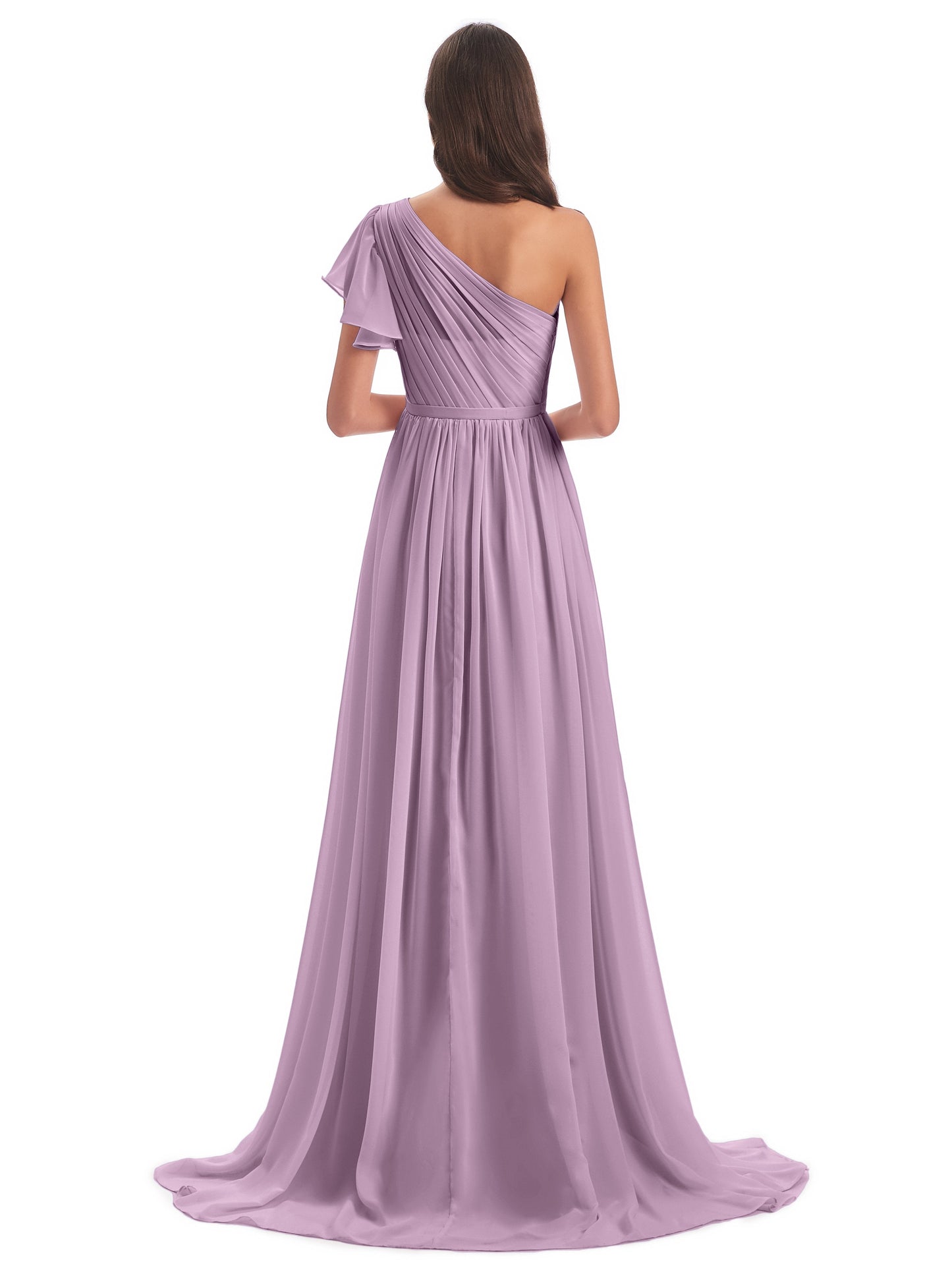 A-line Sweep-Brush Train One Shoulder Chiffon Long Bridesmaid Dresses