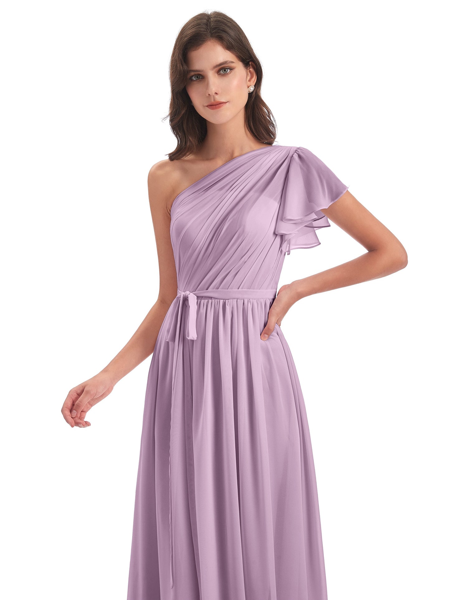 A-line Sweep-Brush Train One Shoulder Chiffon Long Bridesmaid Dresses