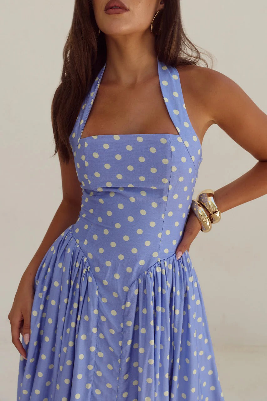 Sammi Midi Dress - Periwinkle/Lemon Polka