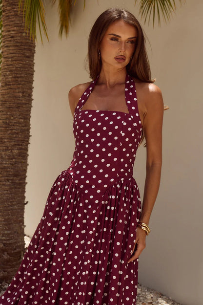Sammi Midi Dress - Wine/White Polka