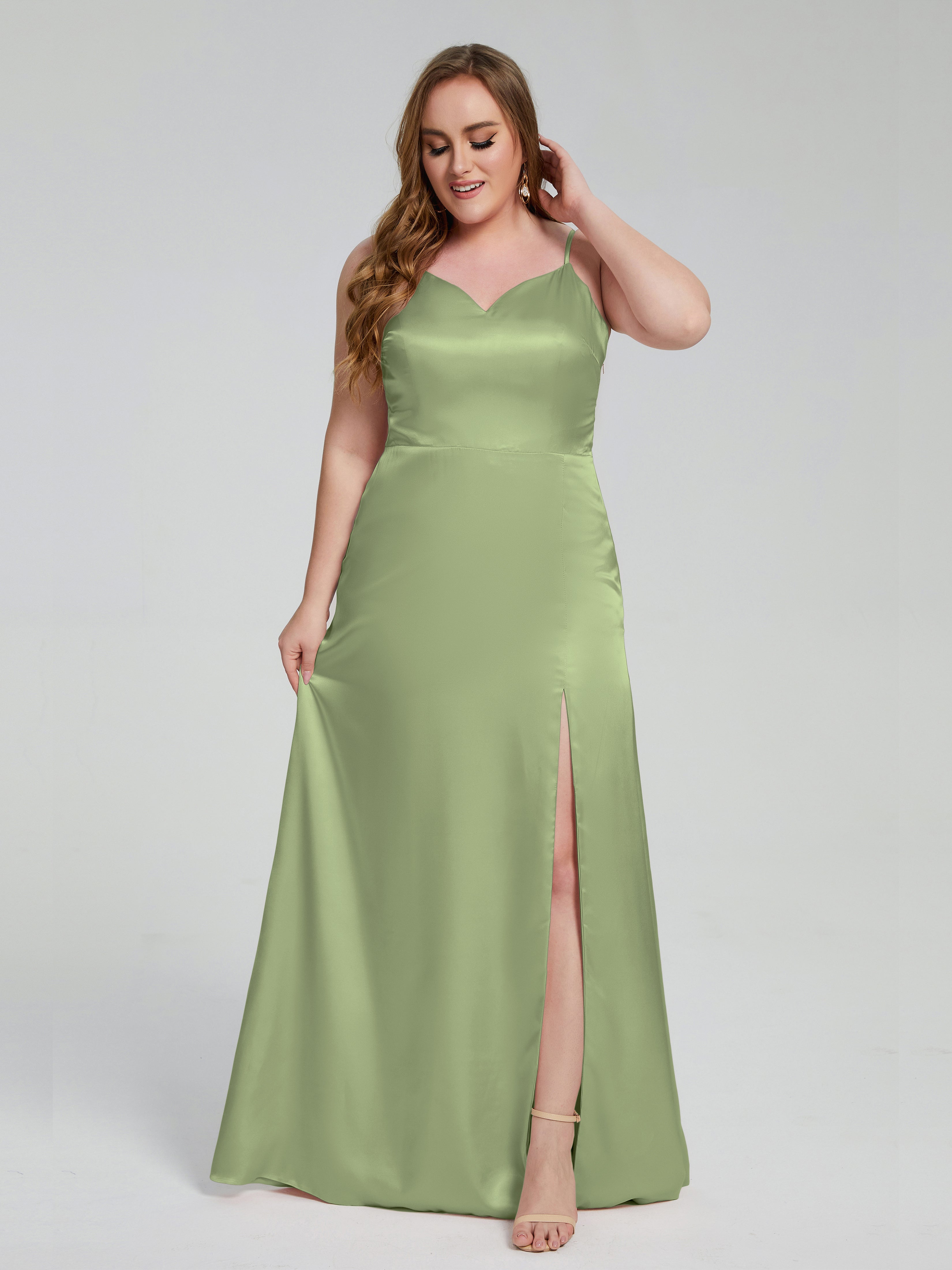 Adelyn Split Plus Size Soft Satin Long Bridesmaid Dresses