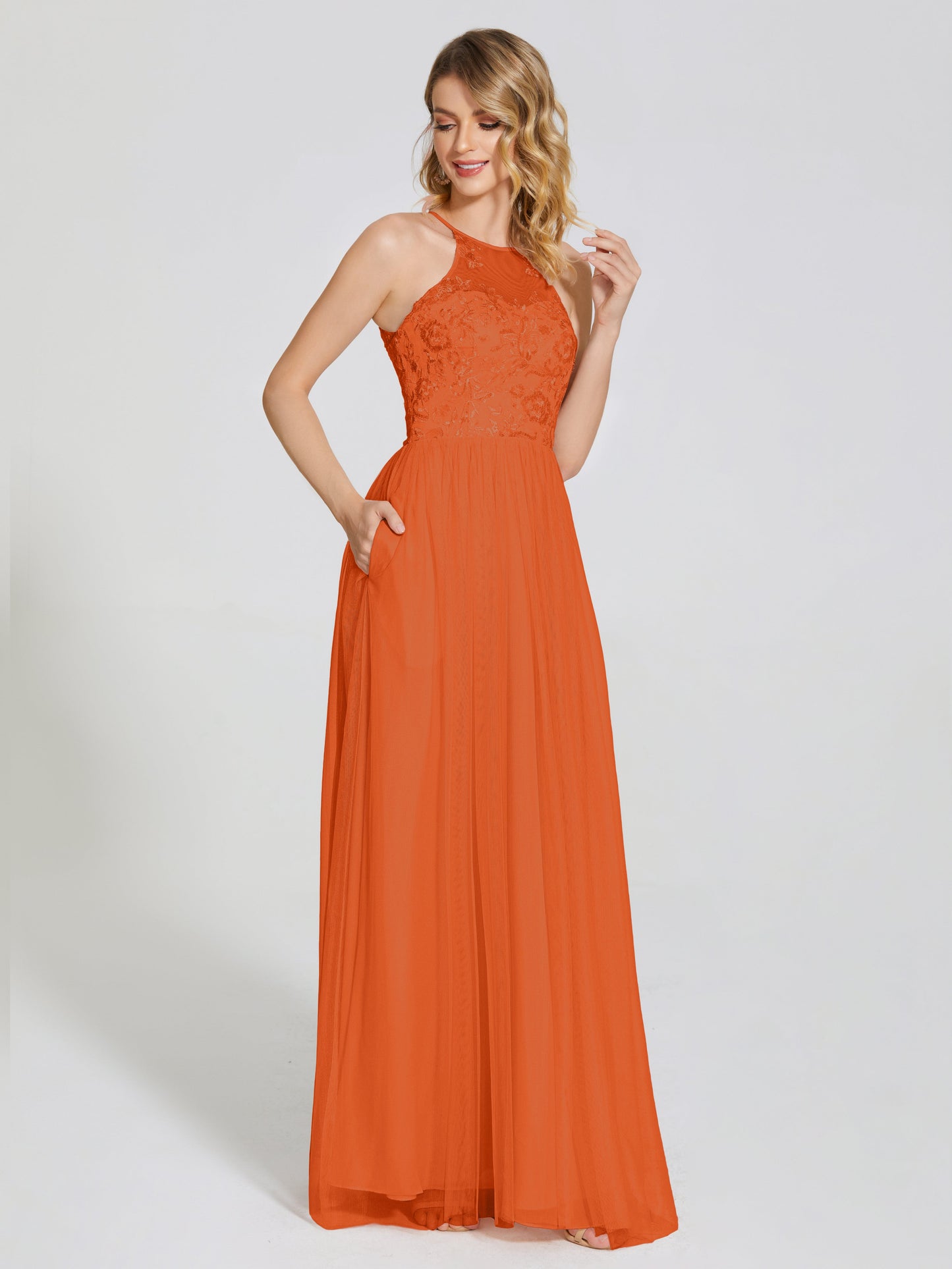 Destiny Lace Halter Tulle Bridesmaid Dress