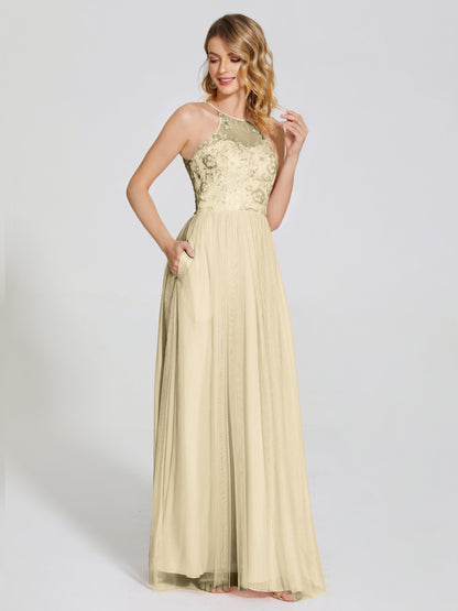 Destiny Lace Halter Tulle Bridesmaid Dress