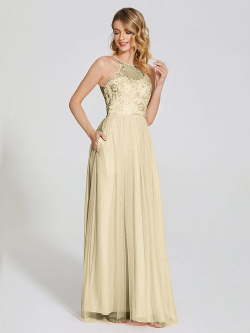 Destiny Lace Halter Tulle Bridesmaid Dress