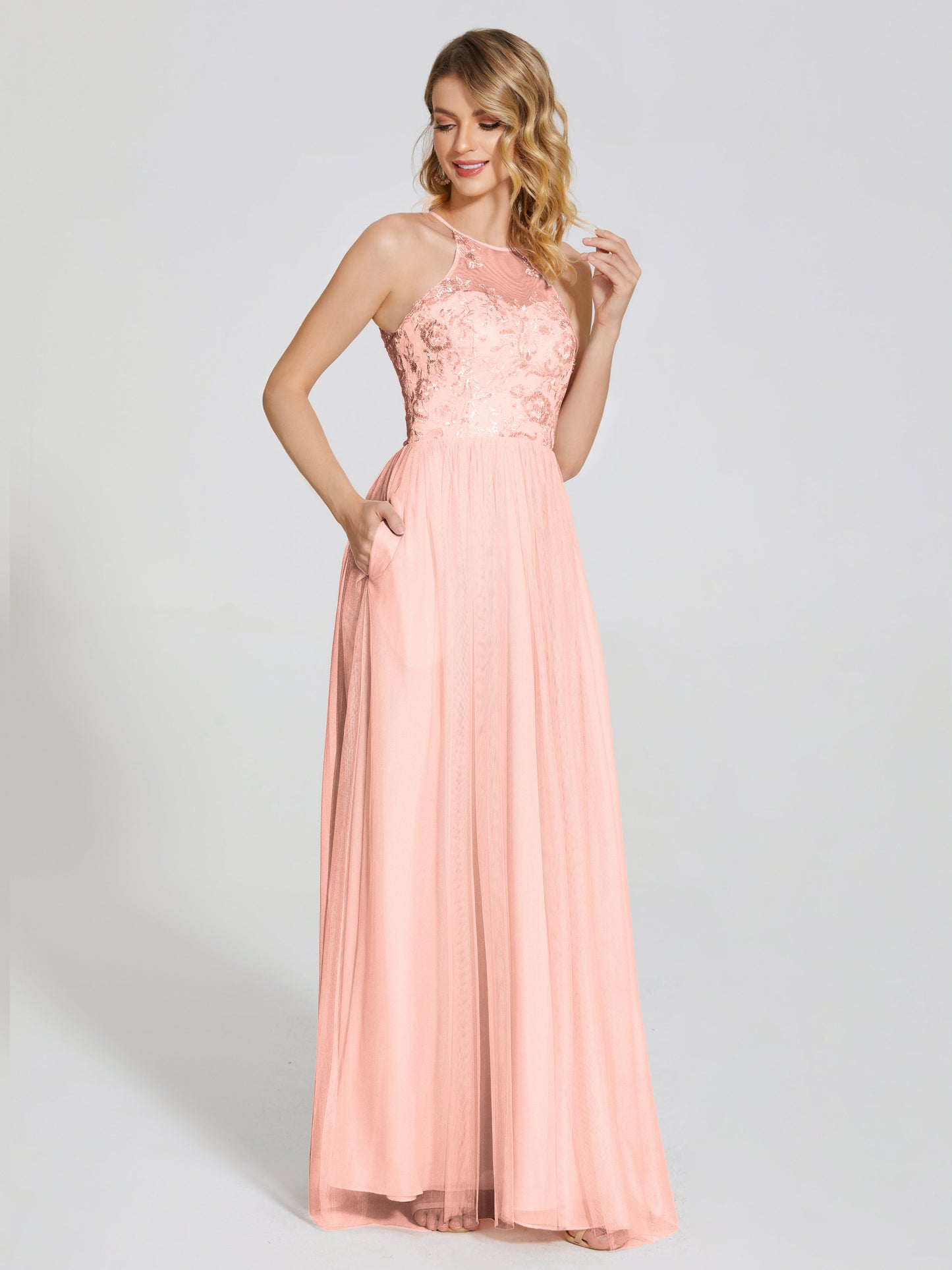Destiny Lace Halter Tulle Bridesmaid Dress