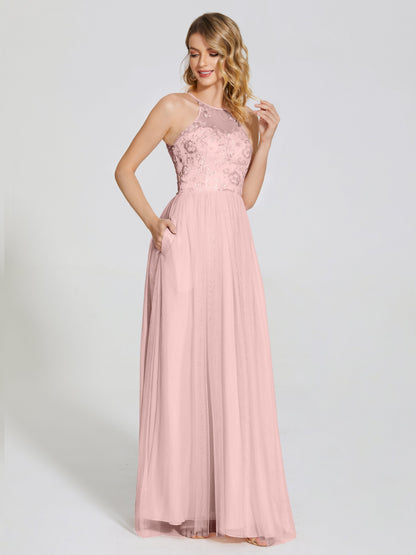 Destiny Lace Halter Tulle Bridesmaid Dress