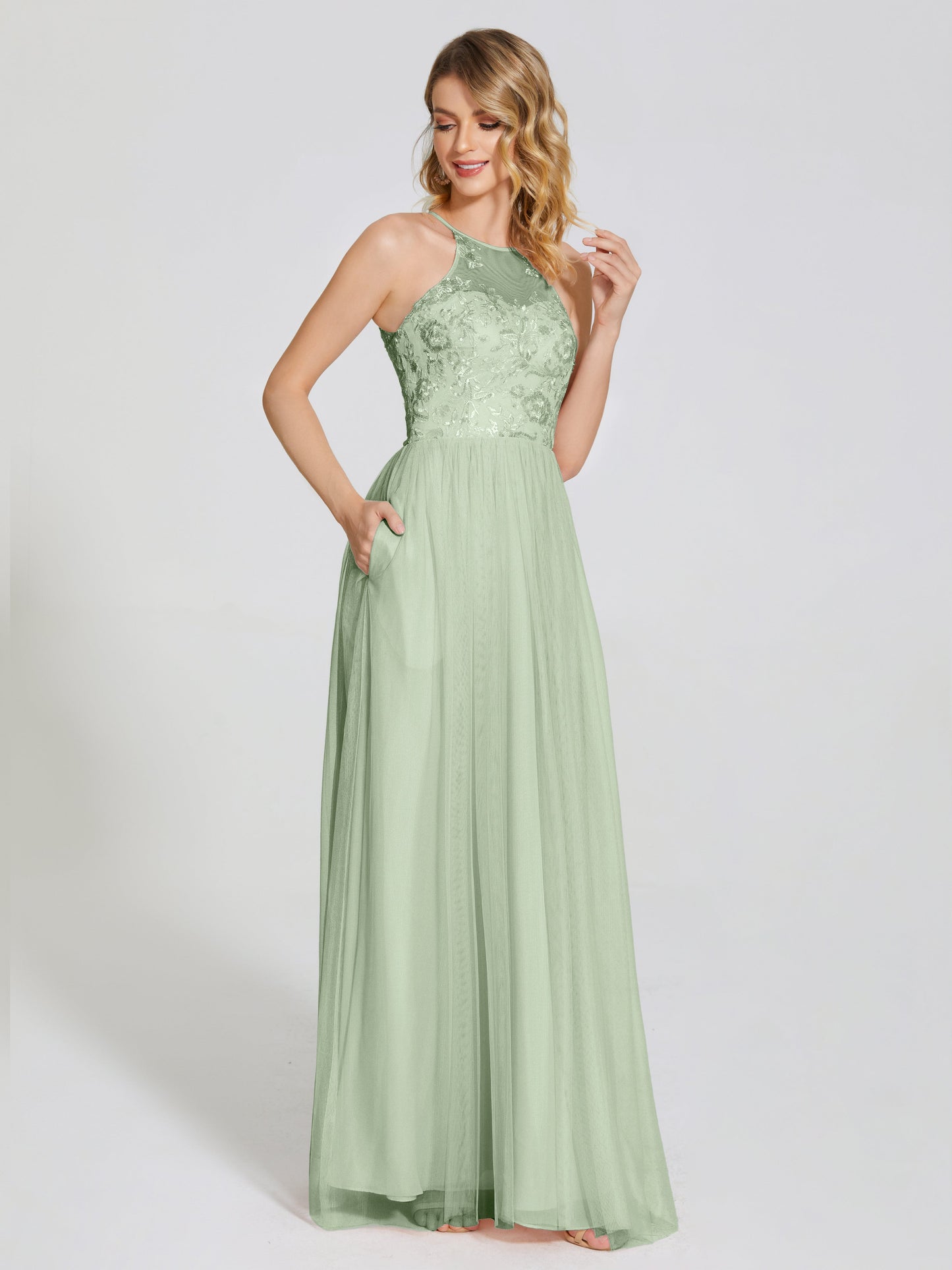 Destiny Lace Halter Tulle Bridesmaid Dress
