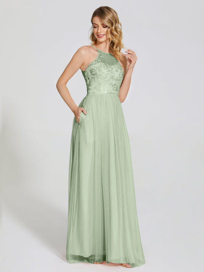Destiny Lace Halter Tulle Bridesmaid Dress