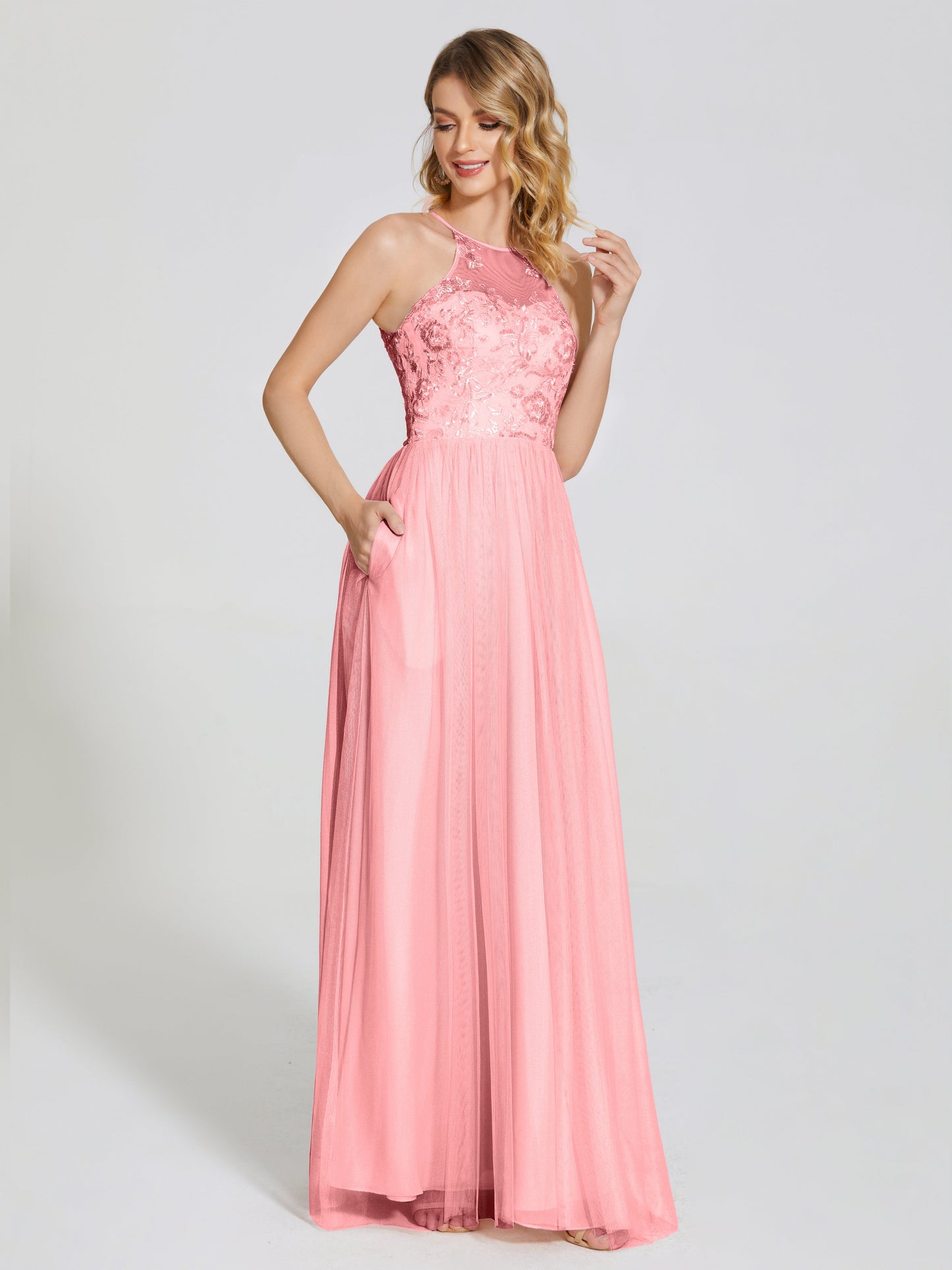 Destiny Lace Halter Tulle Bridesmaid Dress