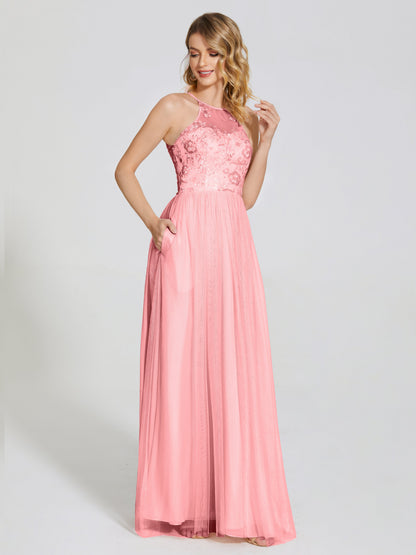 Destiny Lace Halter Tulle Bridesmaid Dress