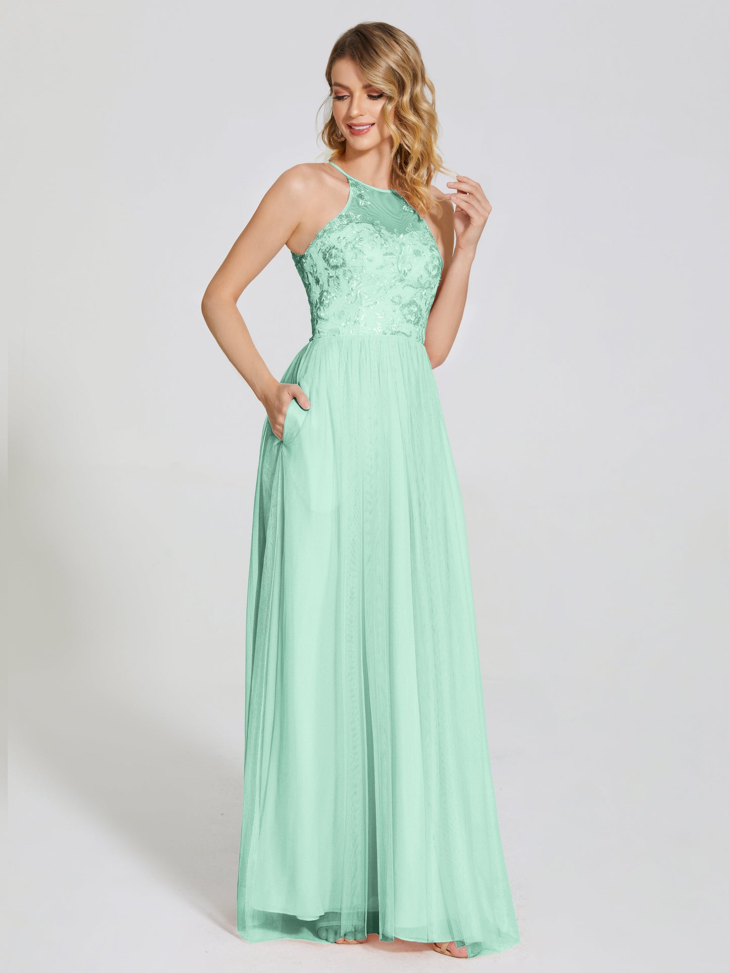 Destiny Lace Halter Tulle Bridesmaid Dress