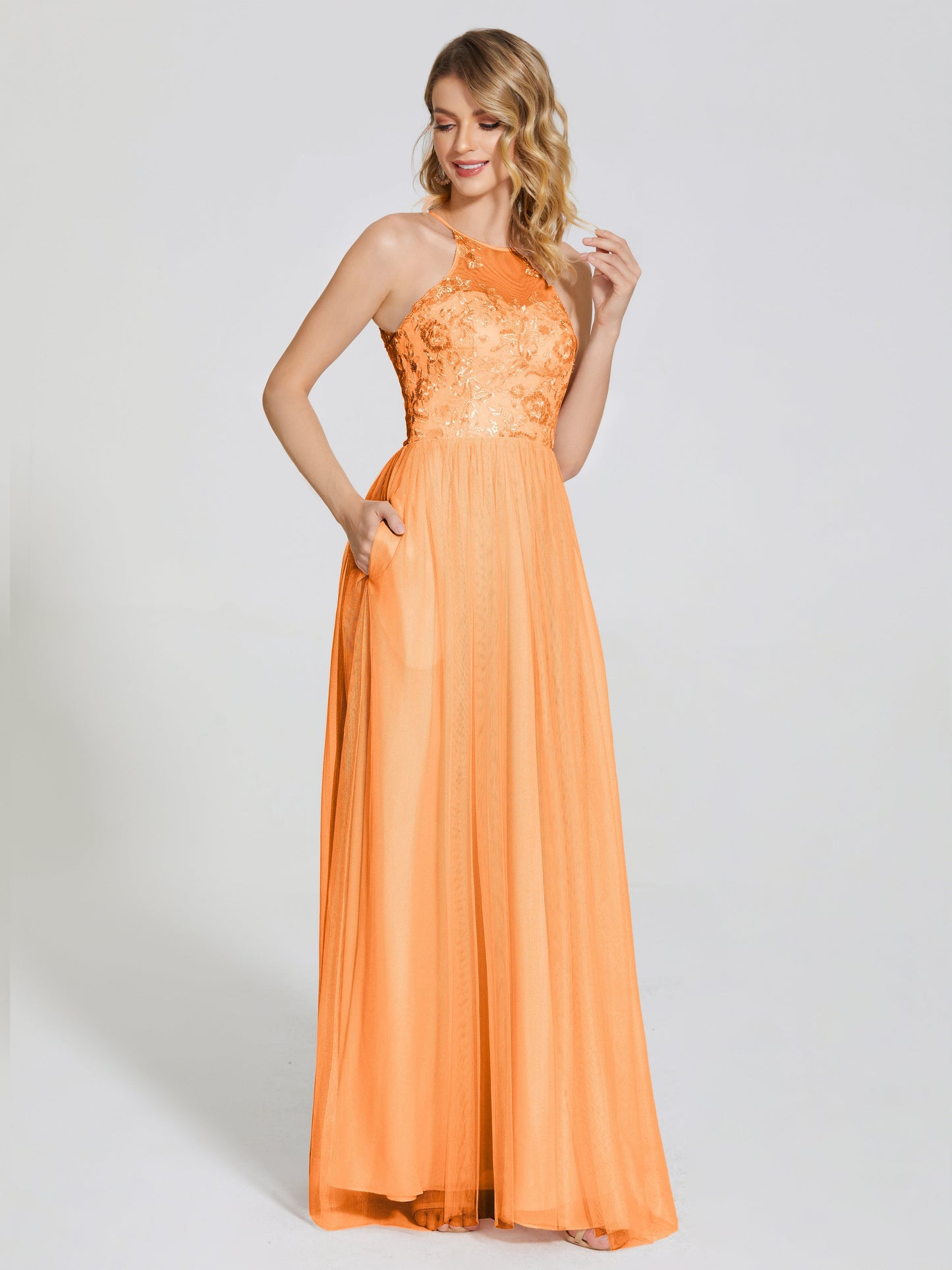 Destiny Lace Halter Tulle Bridesmaid Dress