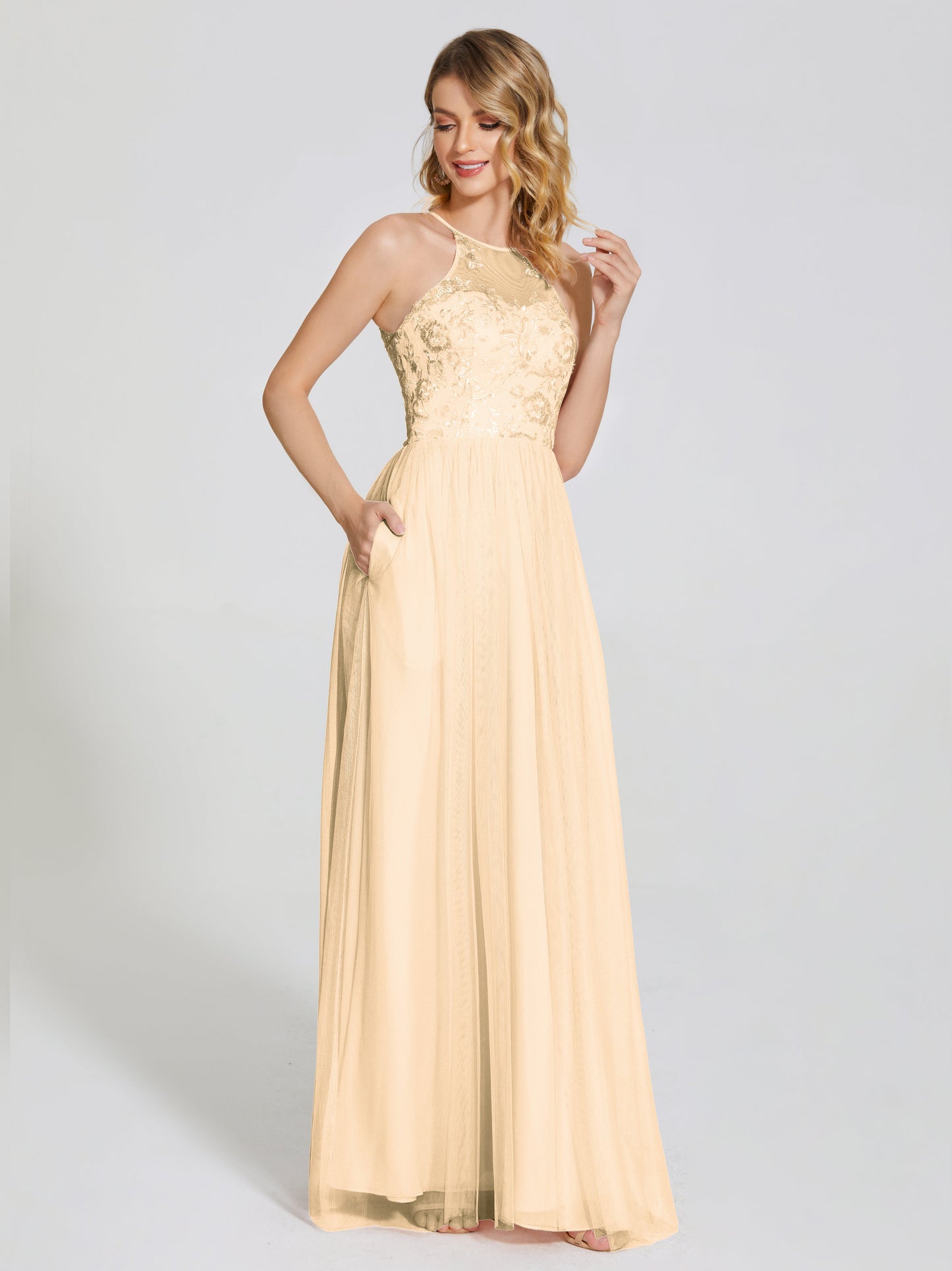 Destiny Lace Halter Tulle Bridesmaid Dress