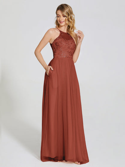 Destiny Lace Halter Tulle Bridesmaid Dress