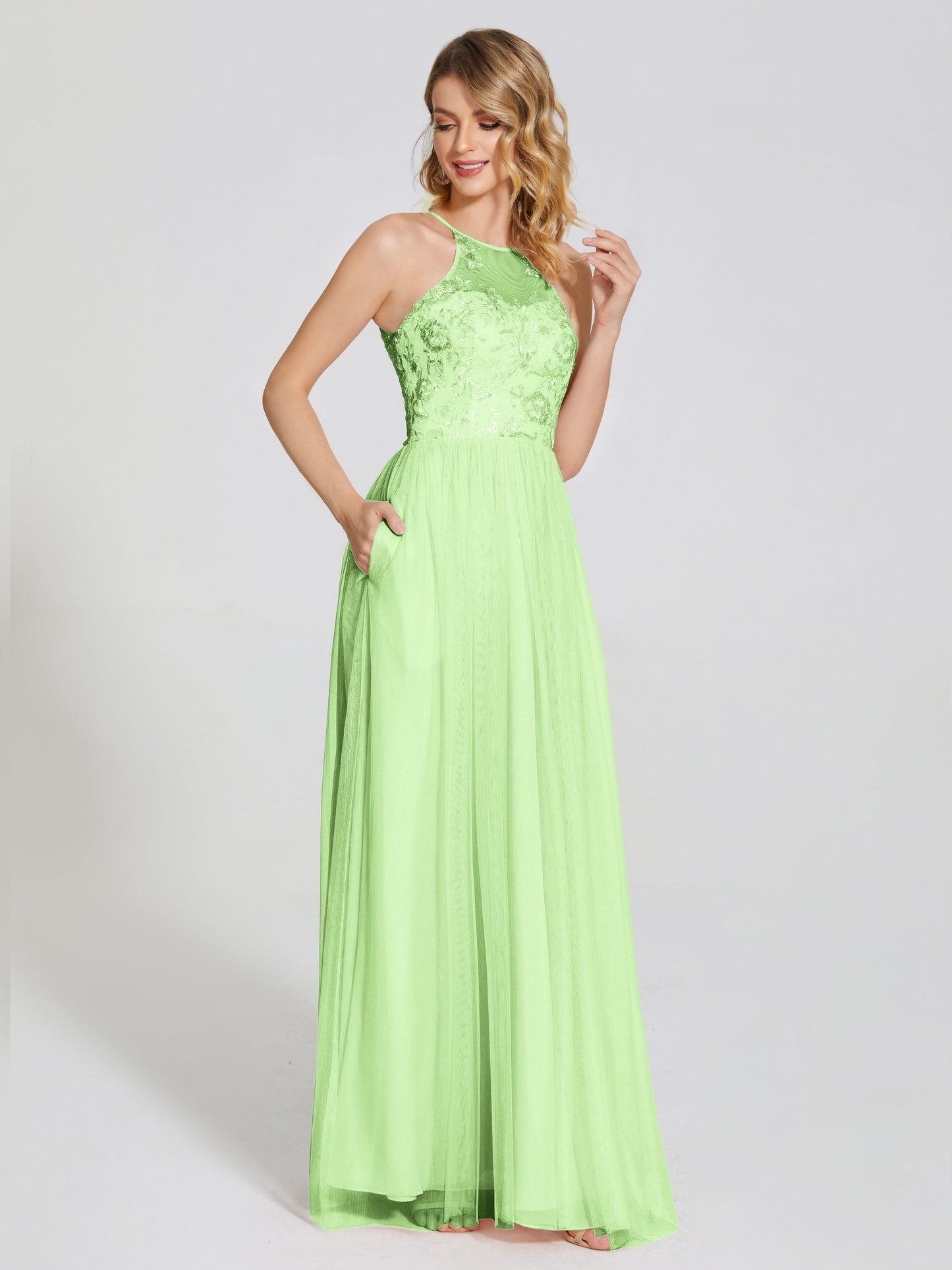 Destiny Lace Halter Tulle Bridesmaid Dress