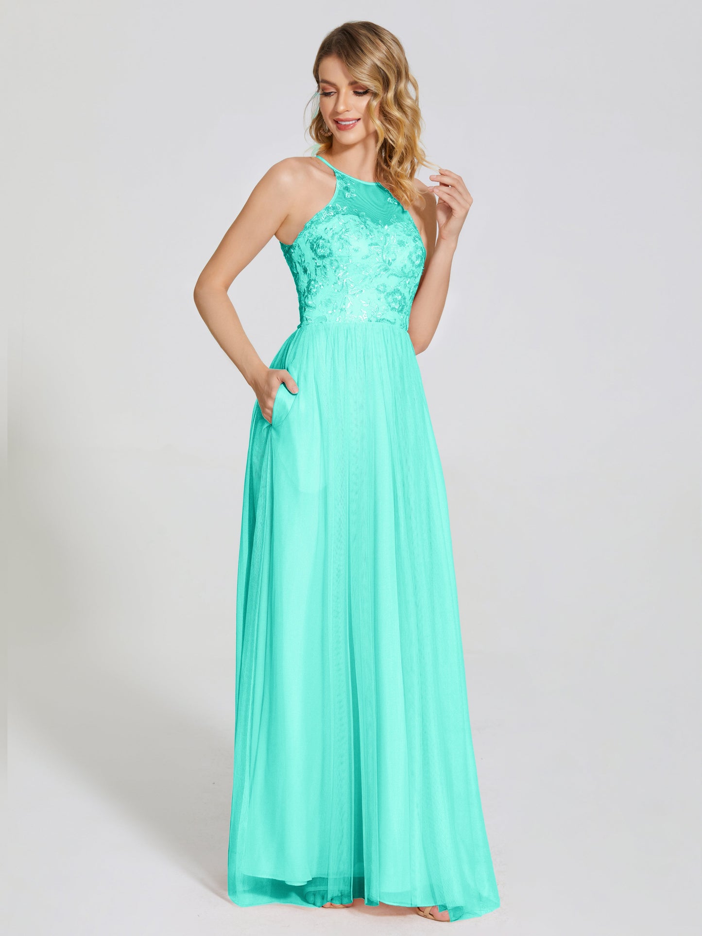 Destiny Lace Halter Tulle Bridesmaid Dress