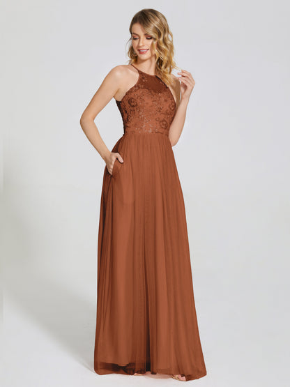 Destiny Lace Halter Tulle Bridesmaid Dress