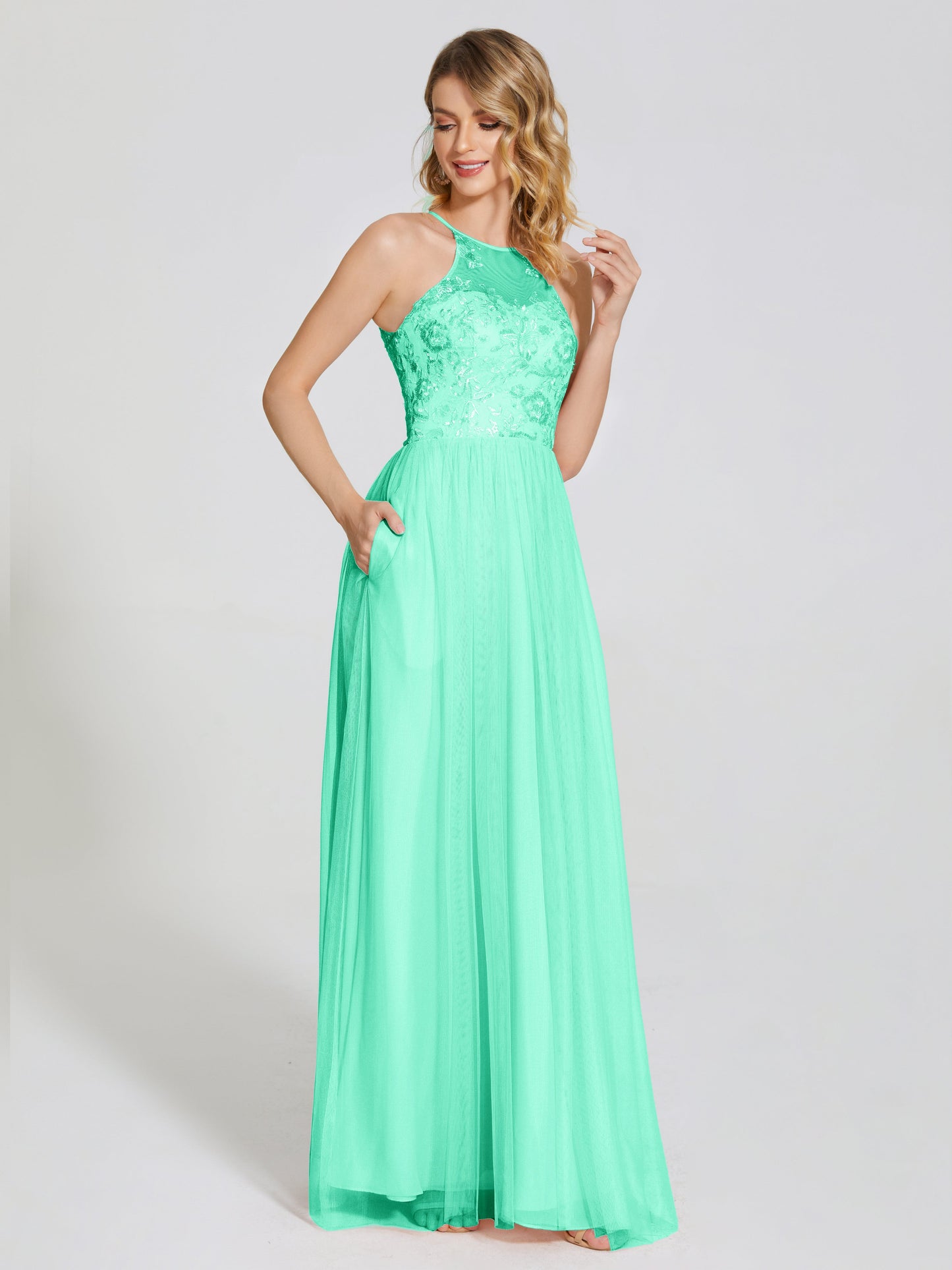 Destiny Lace Halter Tulle Bridesmaid Dress
