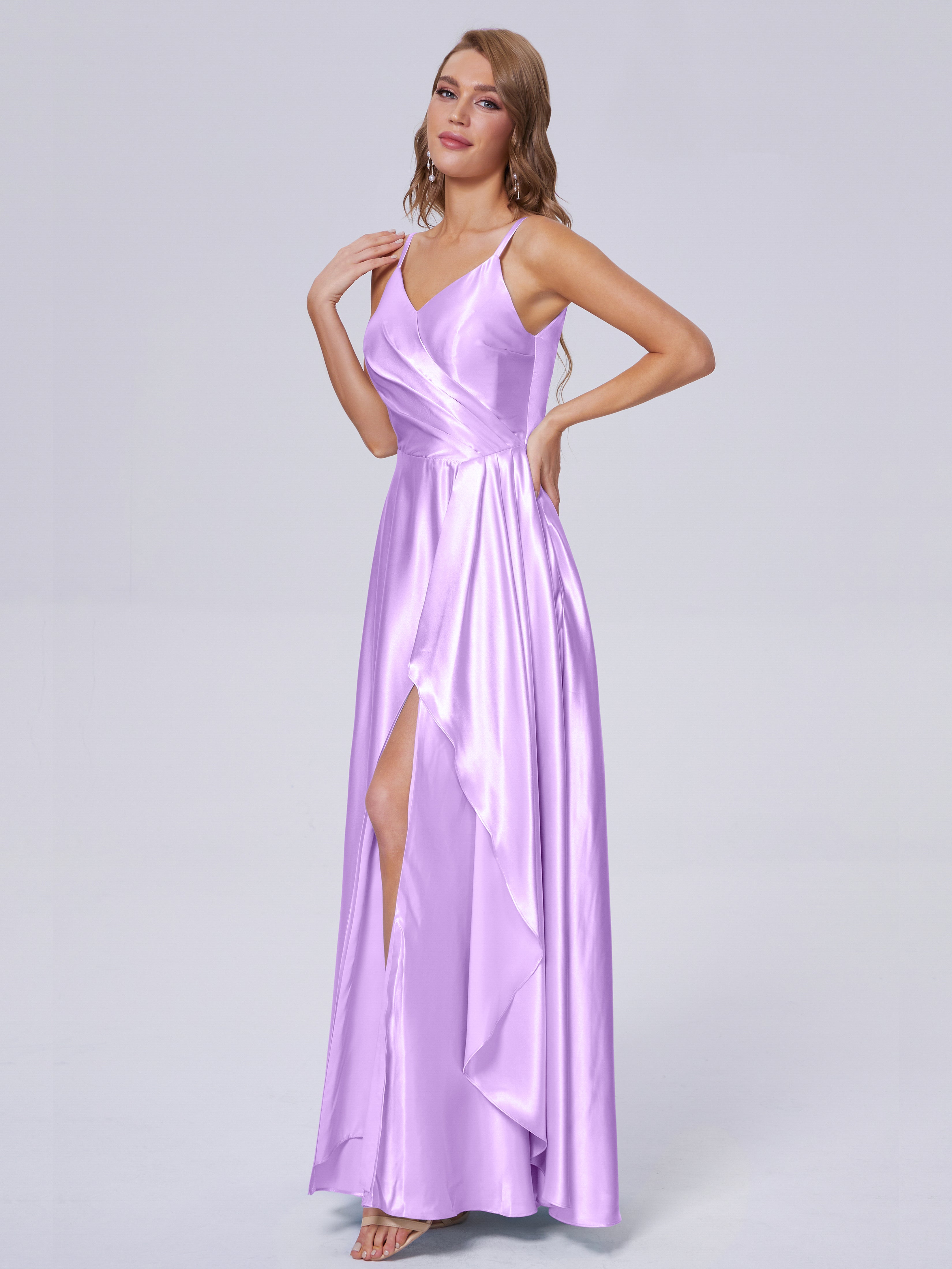 Lila Sexy Straps Soft Satin Long Bridesmaid Dresses