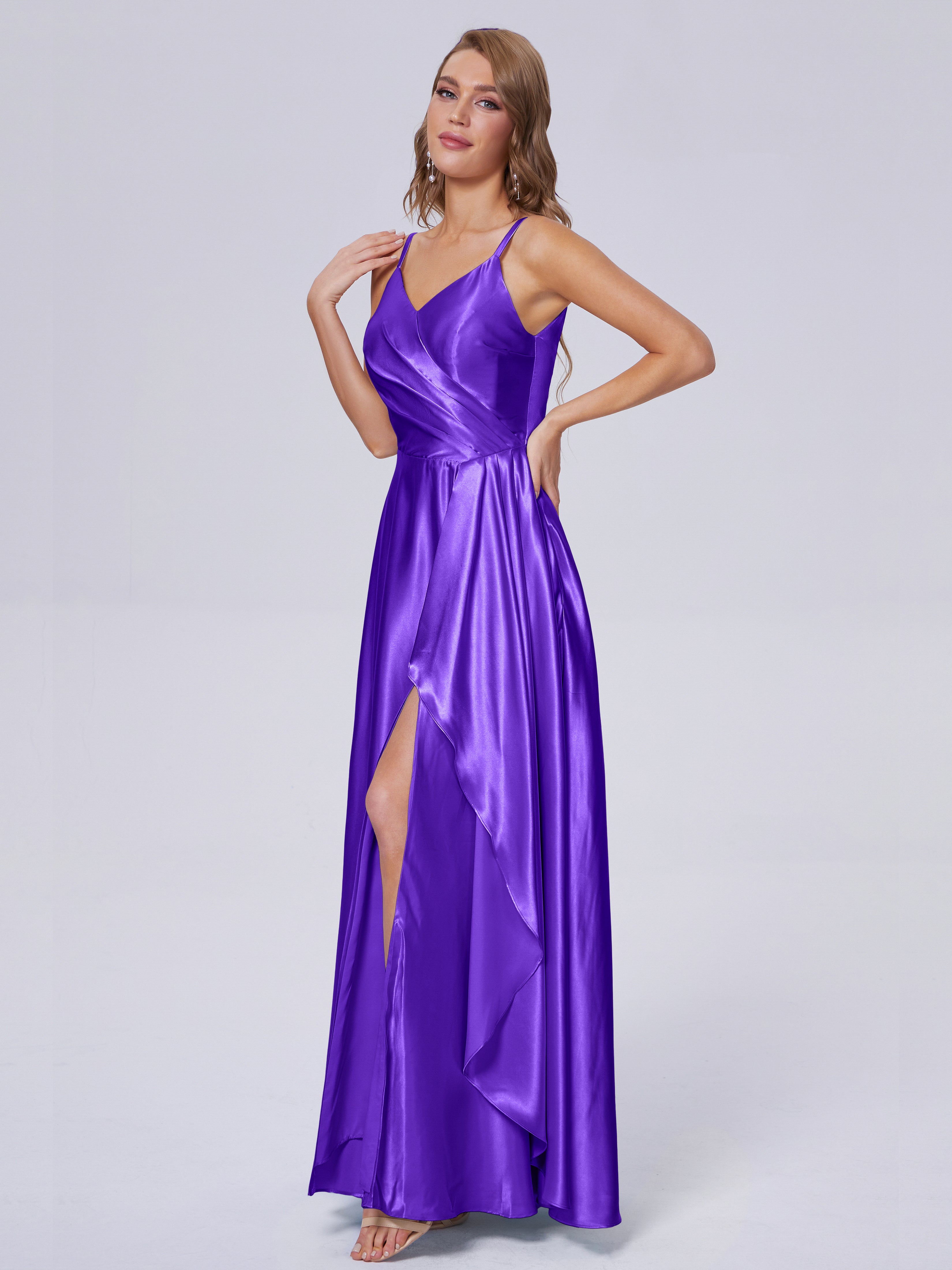 Lila Sexy Straps Soft Satin Long Bridesmaid Dresses