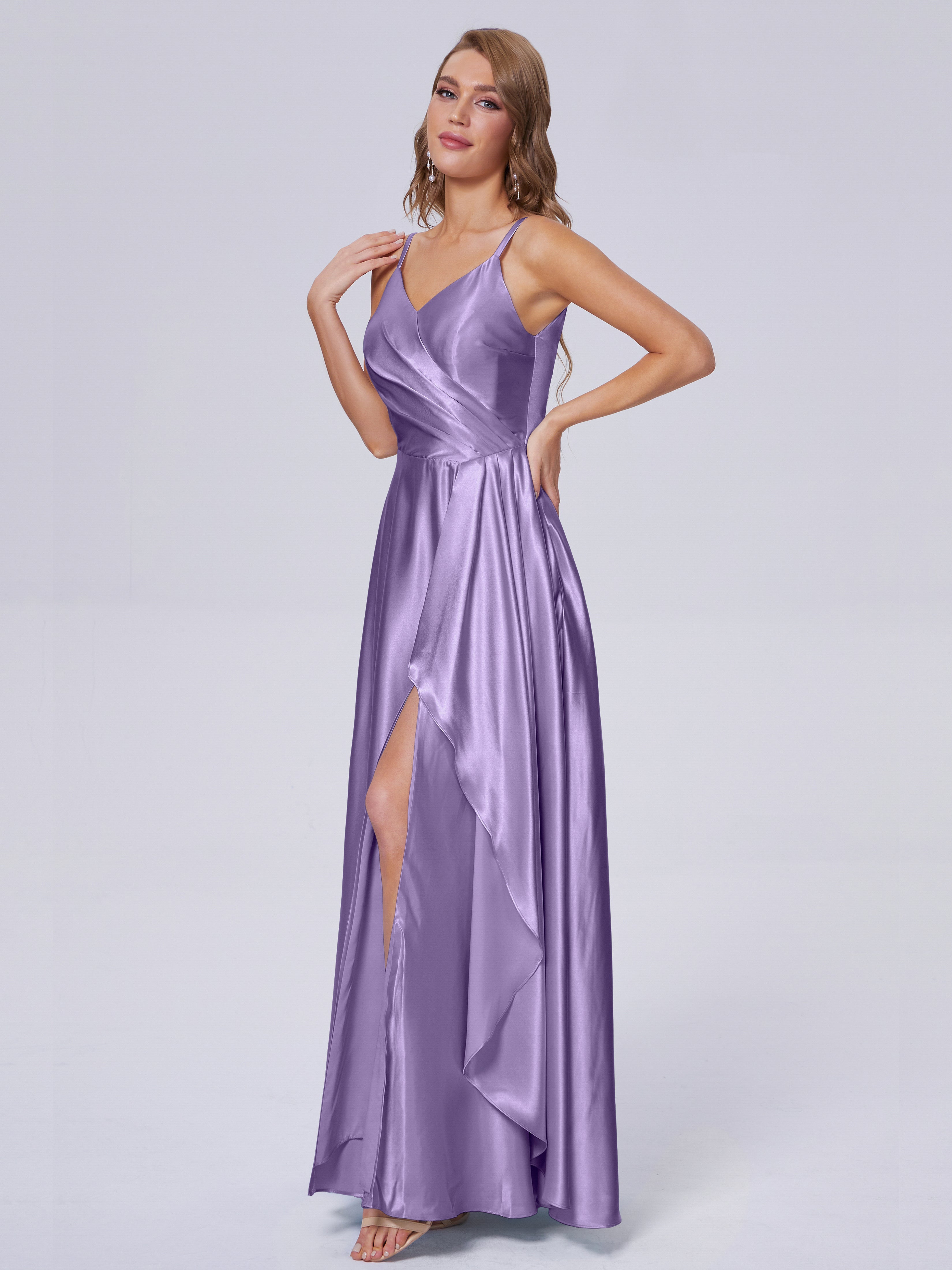Lila Sexy Straps Soft Satin Long Bridesmaid Dresses