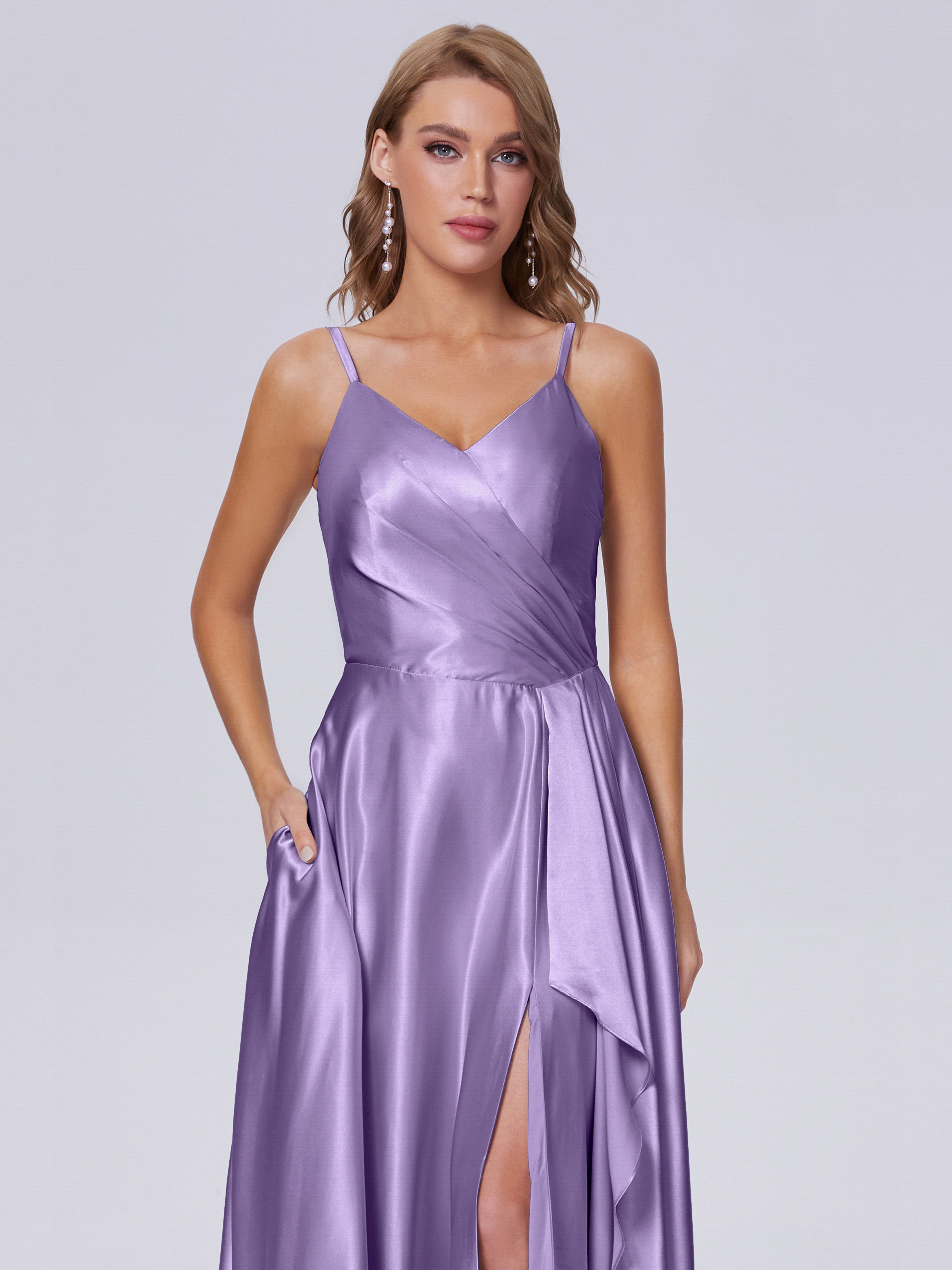 Lila Sexy Straps Soft Satin Long Bridesmaid Dresses