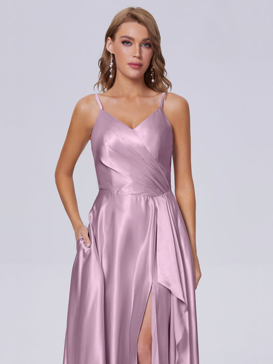 Lila Sexy Straps Soft Satin Long Bridesmaid Dresses