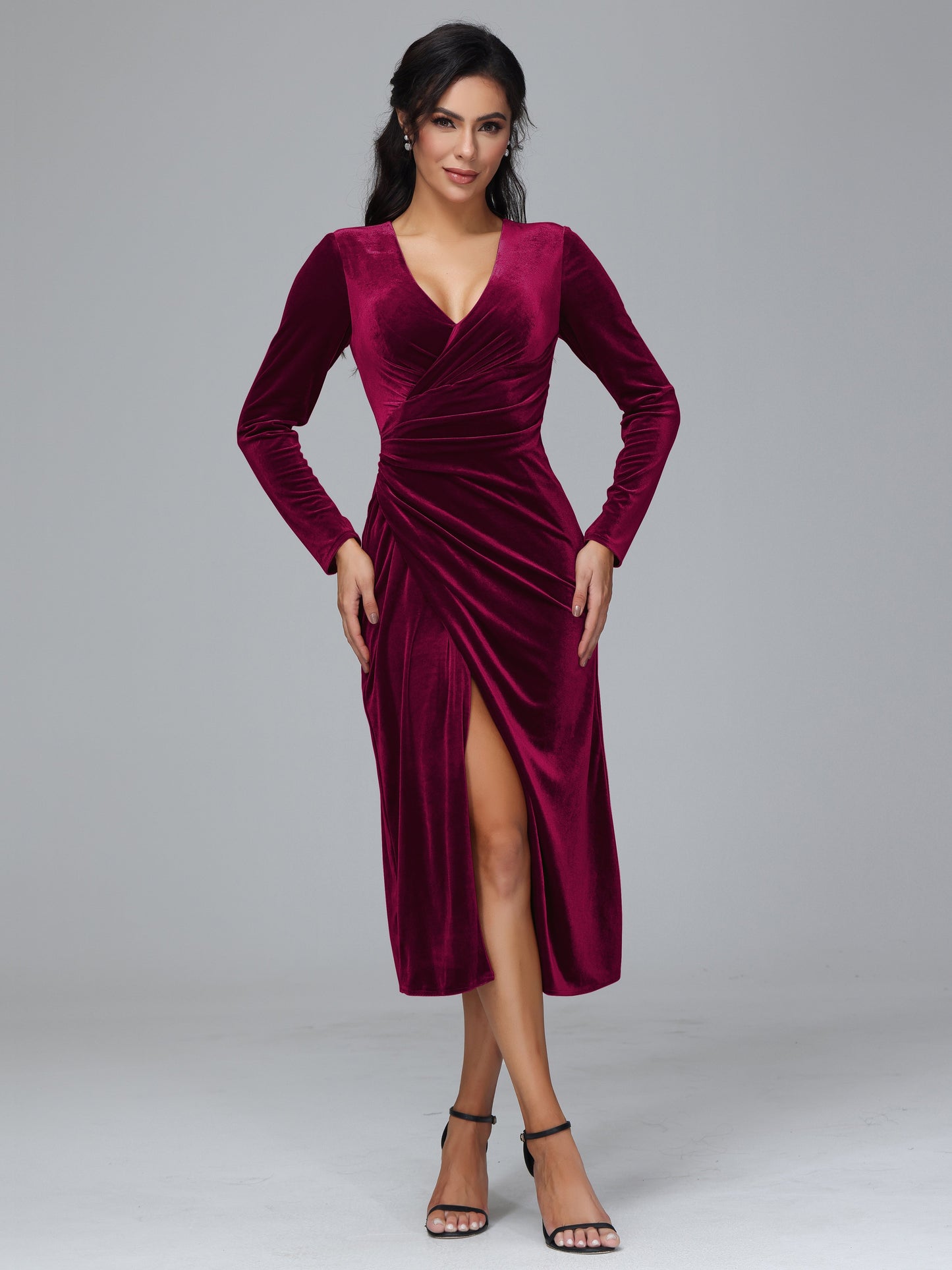 Long Sleeves Tea Length Plus Size Velvet Bridesmaid Dress