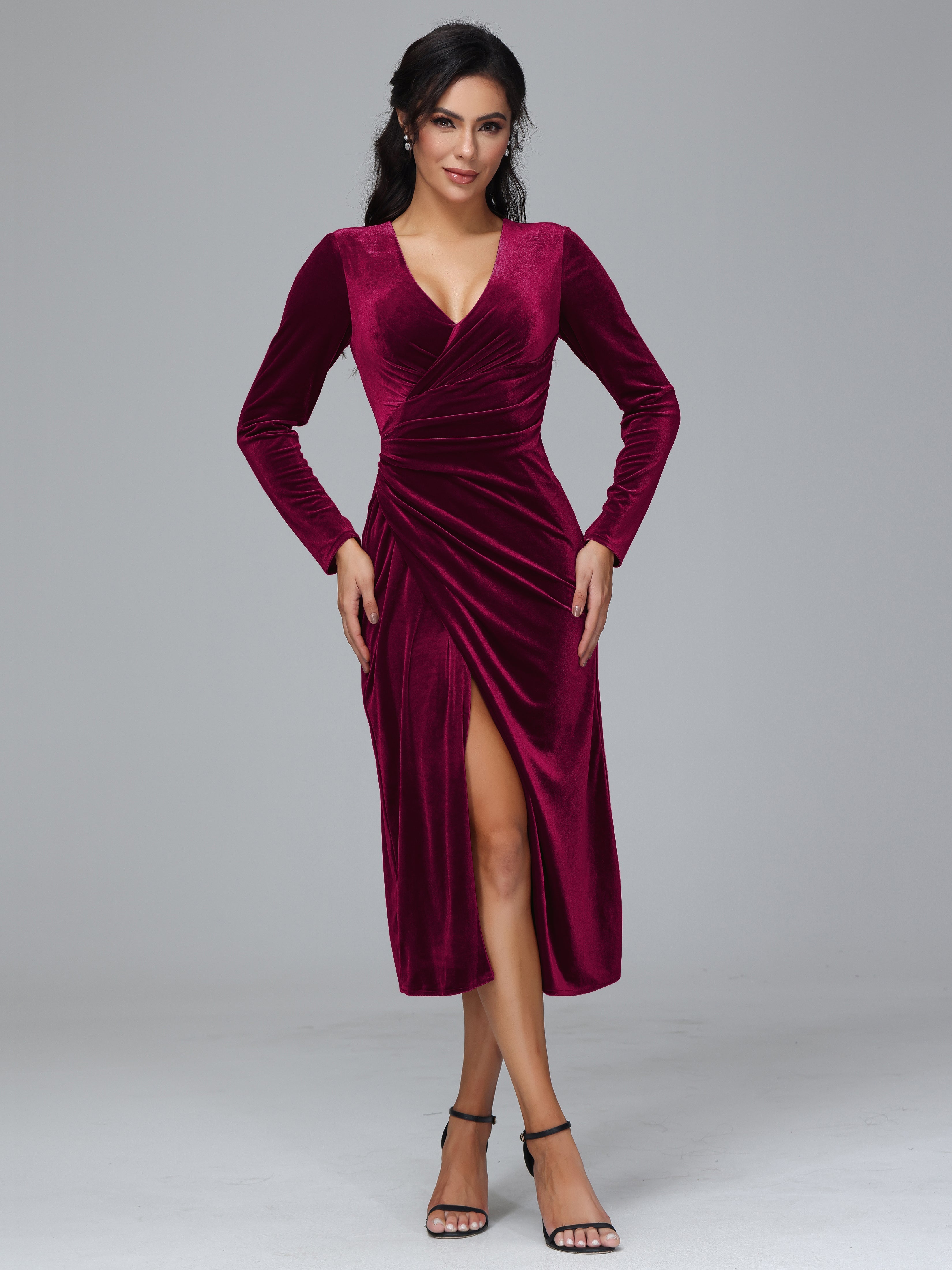 Long Sleeves Tea Length Plus Size Velvet Bridesmaid Dress