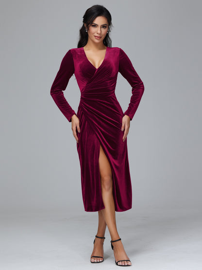 Long Sleeves Tea Length Plus Size Velvet Bridesmaid Dress