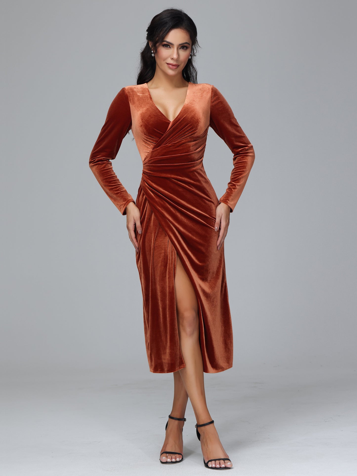 Long Sleeves Tea Length Velvet Bridesmaid Dress