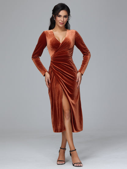 Long Sleeves Tea Length Plus Size Velvet Bridesmaid Dress