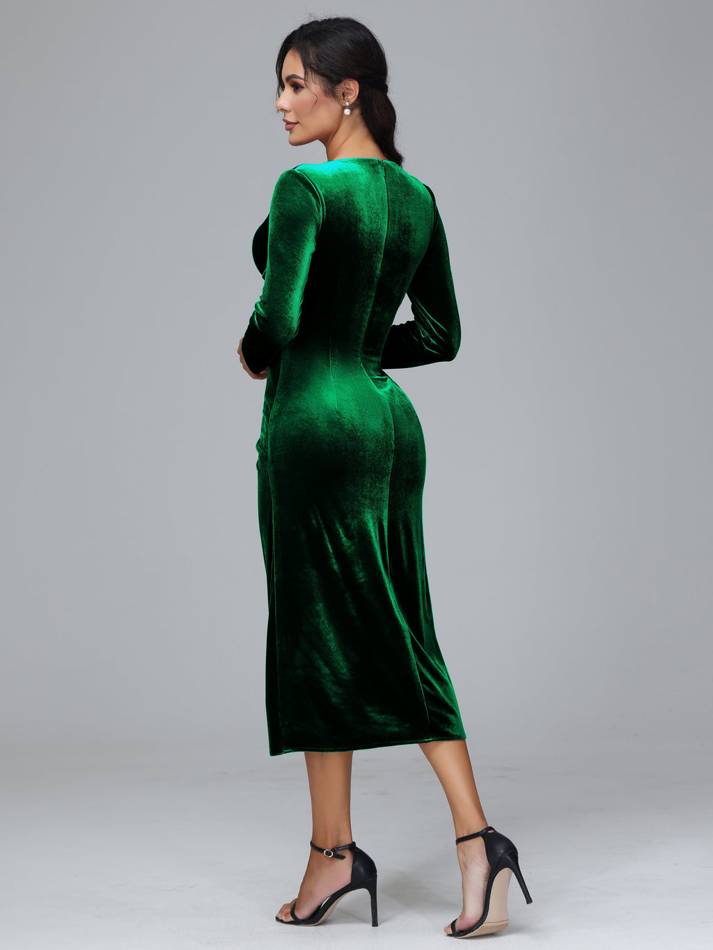 Long Sleeves Tea Length Plus Size Velvet Bridesmaid Dress