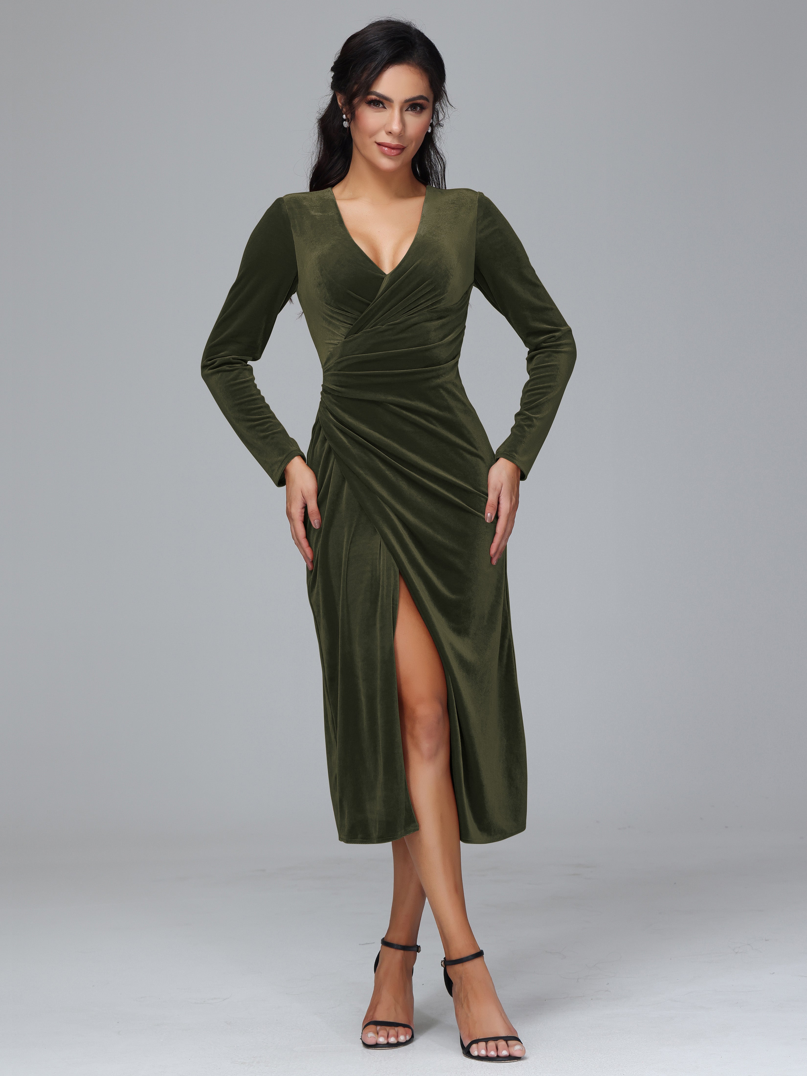 Long Sleeves Tea Length Plus Size Velvet Bridesmaid Dress