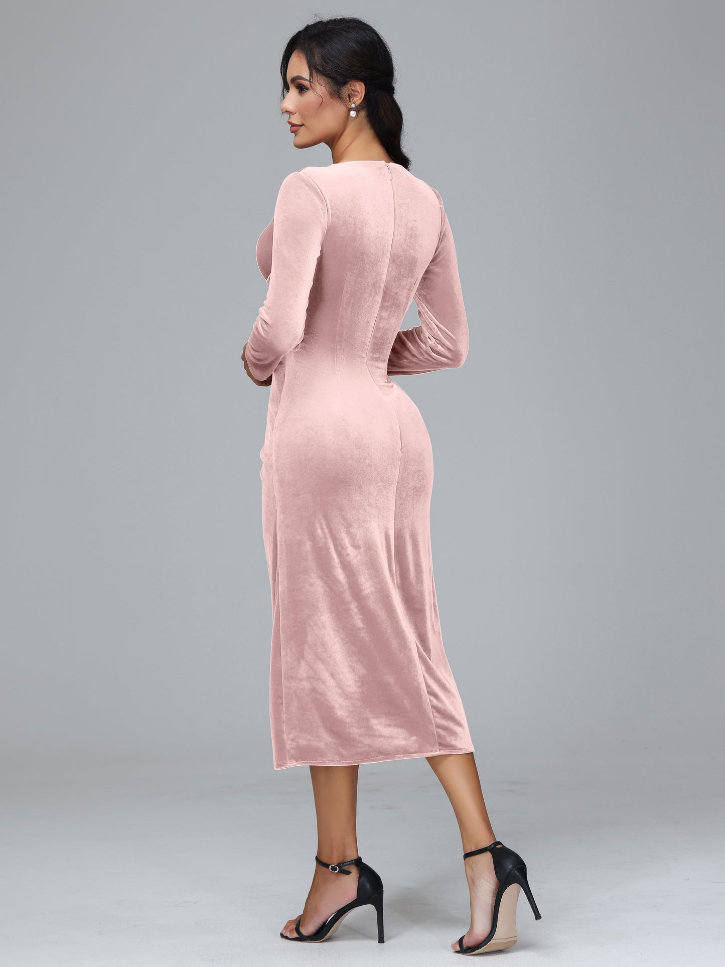 Long Sleeves Tea Length Velvet Bridesmaid Dress