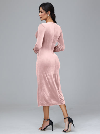 Long Sleeves Tea Length Velvet Bridesmaid Dress