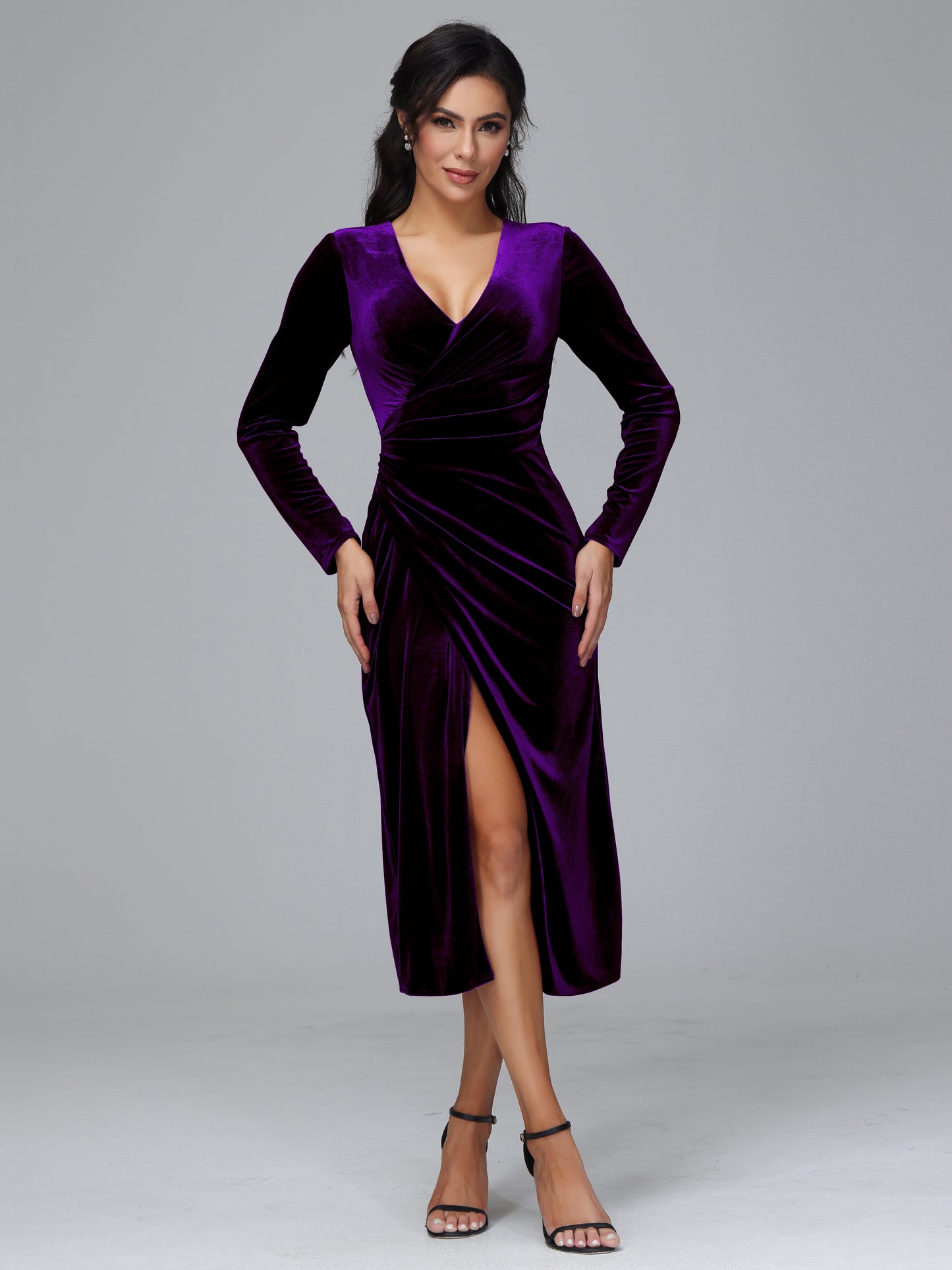 Long Sleeves Tea Length Velvet Bridesmaid Dress