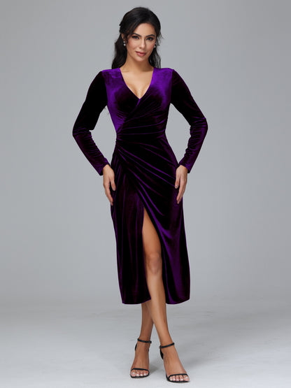 Long Sleeves Tea Length Plus Size Velvet Bridesmaid Dress