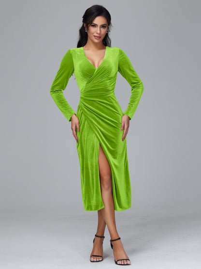 Long Sleeves Tea Length Plus Size Velvet Bridesmaid Dress